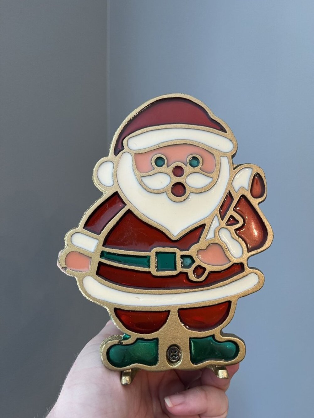 Vintage Santa Stained Glass Candle Holder Stand 6” Christmas Decor